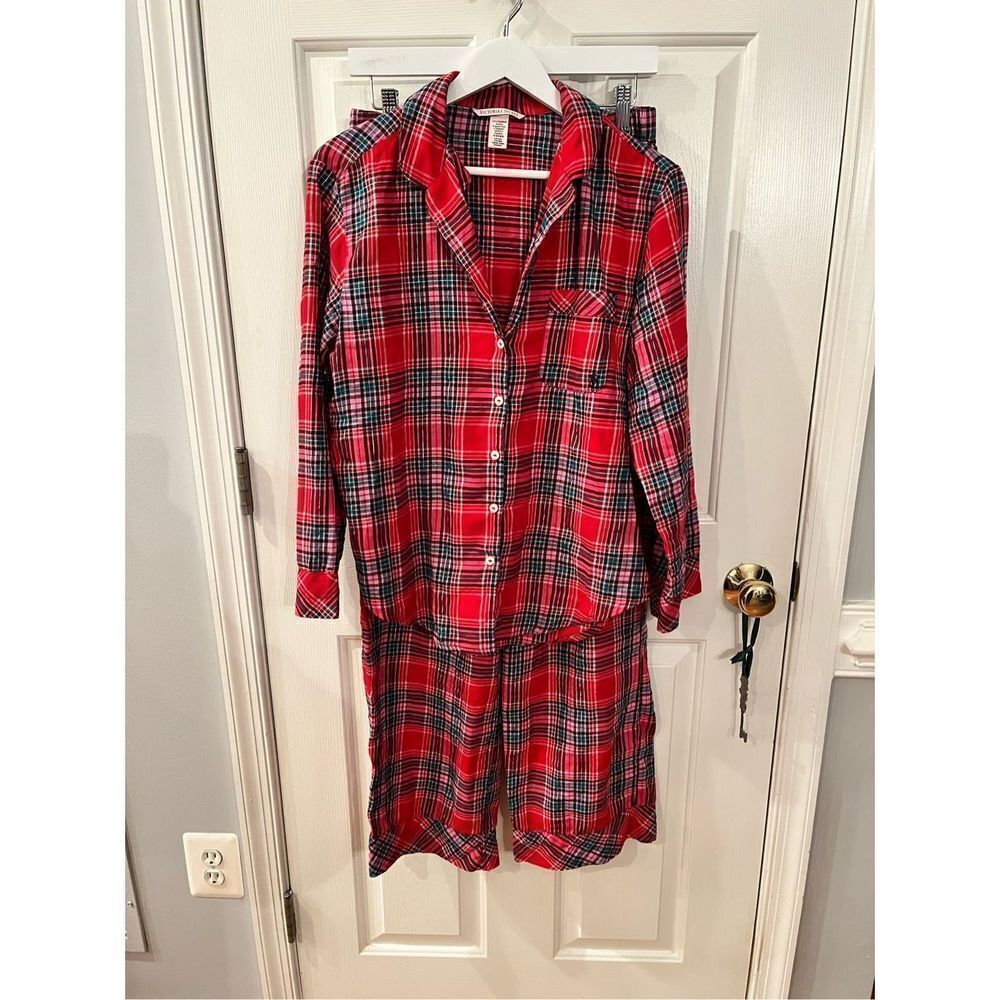 Victoria’s Secret Pink Label Red Pink & Gold Holiday Plaid Pajama Set sz S EUC